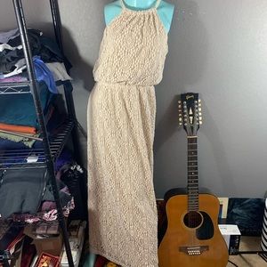 Sherigano Lace Layered CREAM BOHO crochet Halter Maxi Beige